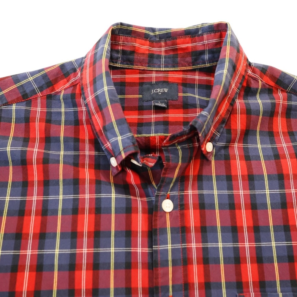 J.Crew Factory Mens Large Red Navy Plaid‎ Button Down Shirt Long Sleeve Cotton